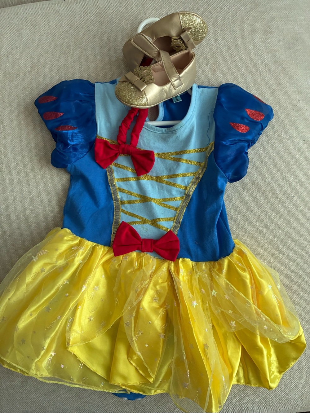 Amazon Blue and Yellow Princess Costume with Red Bows and Gold Shoes